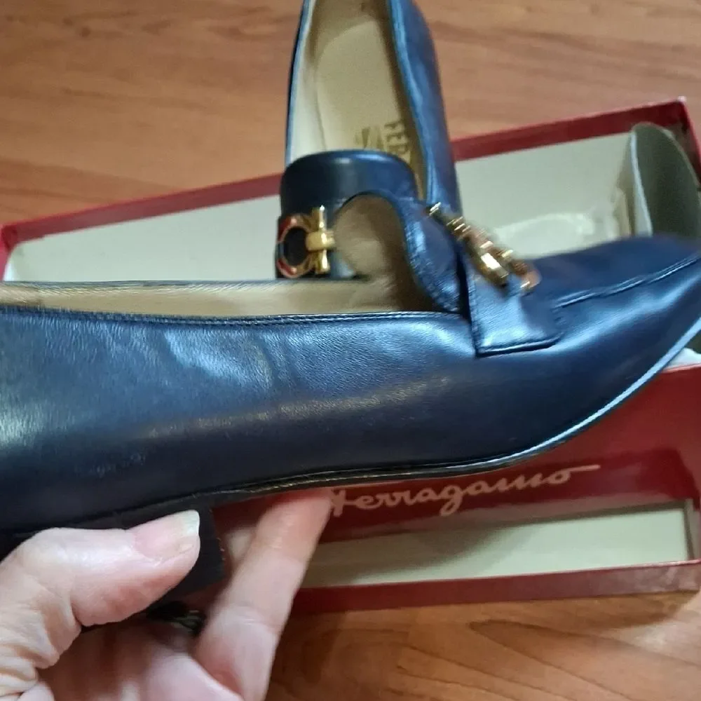 Salvatore Ferragamo Navy Leather Loafers with Gold Accent